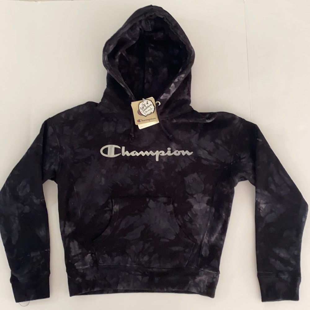 NWT Champion Scrunch Tie Dye Reverse Weave Hoodie XS Black Gray